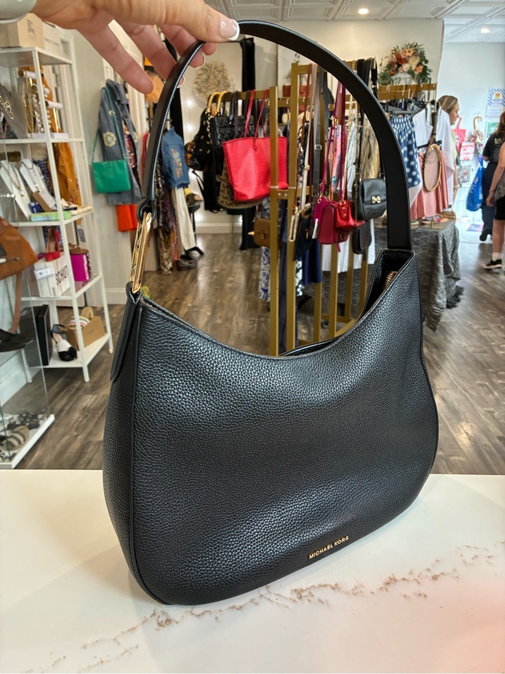 Michael Kors Black Pebbled Leather Shoulder Bag with Gold Hardware
